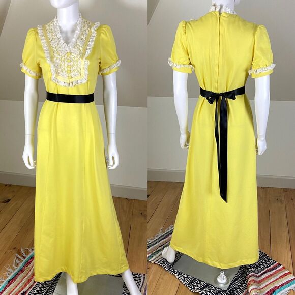 Vintage 60s 70s Yellow Mod Maxi Dress Lace Prairie Babydoll M Medium Polyester - Picture 4 of 10